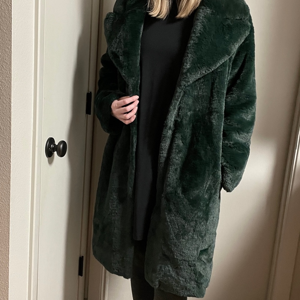 Avec Les Filles Faux Fur Bunny / Teddy Coat in Emerald Green Knee Length